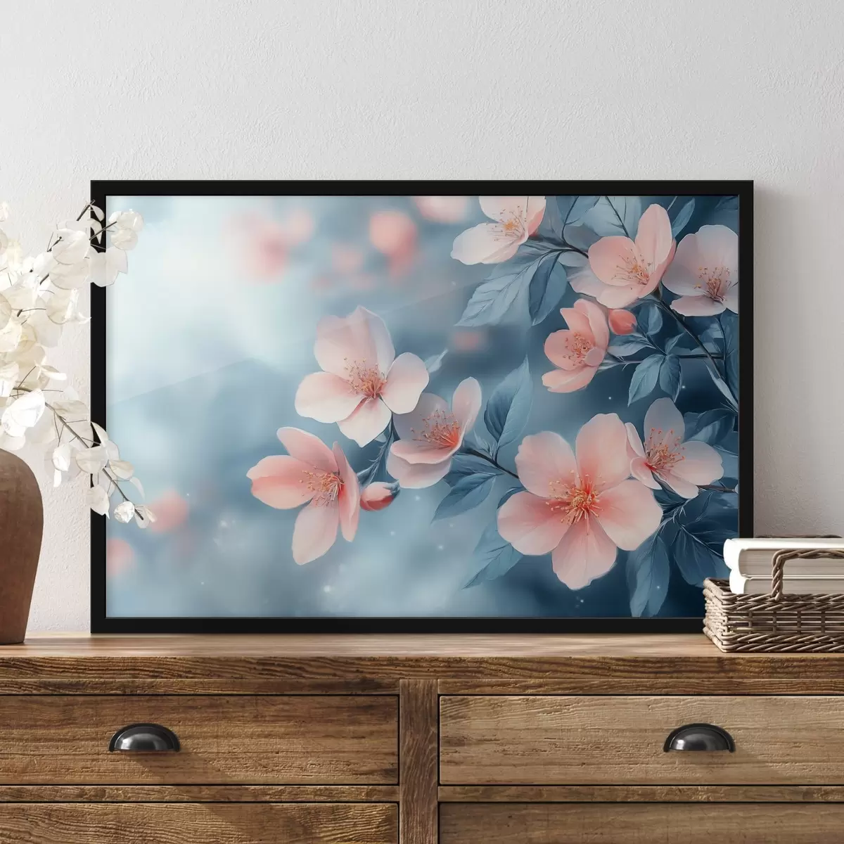 Affiche Fleurs roses sur fond bleu f42846