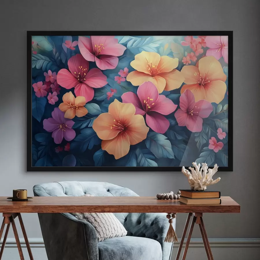 Fotobehang Oranje en roze grote bloemen f42853