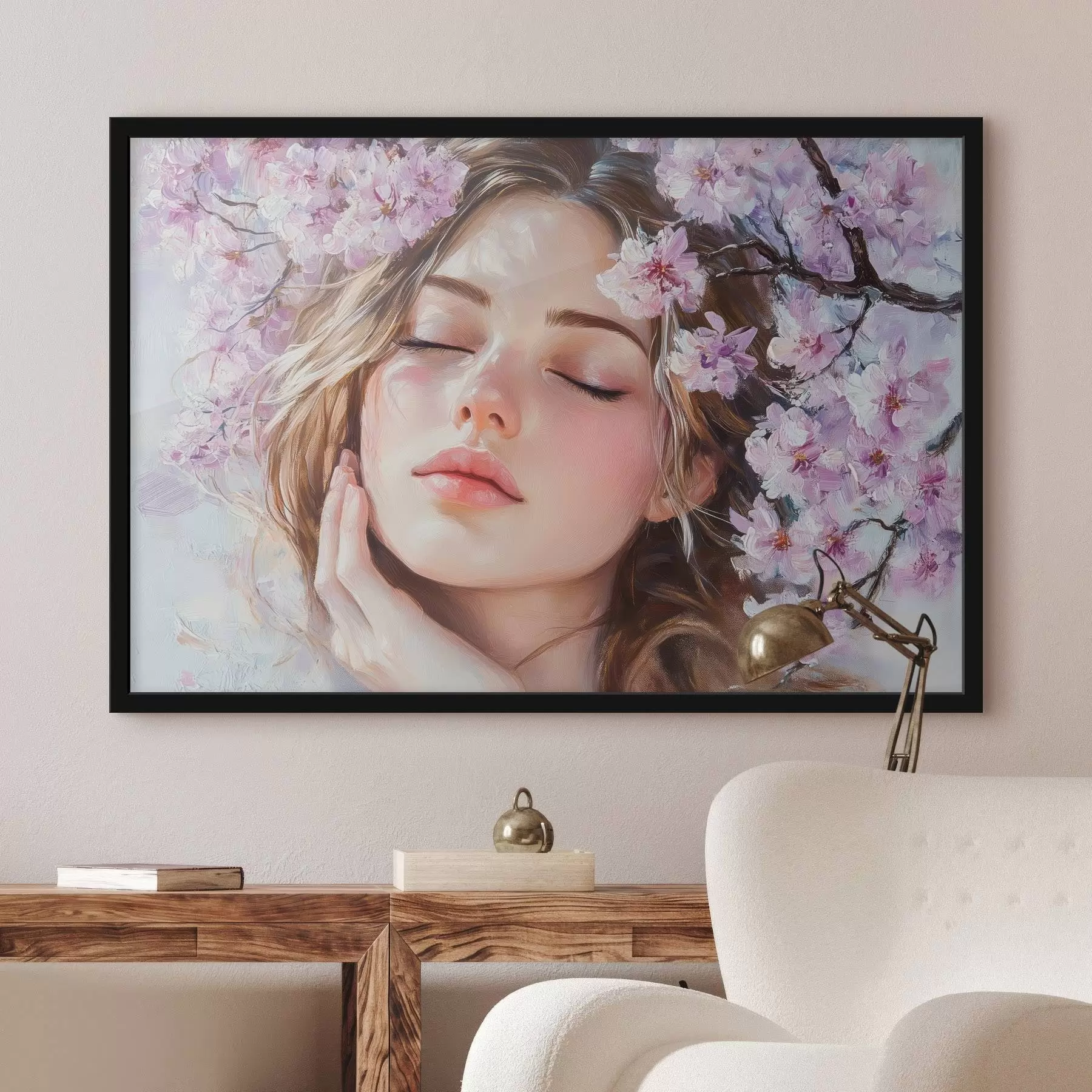  Schilderijen Meisje bij een bloeiende tak f42857