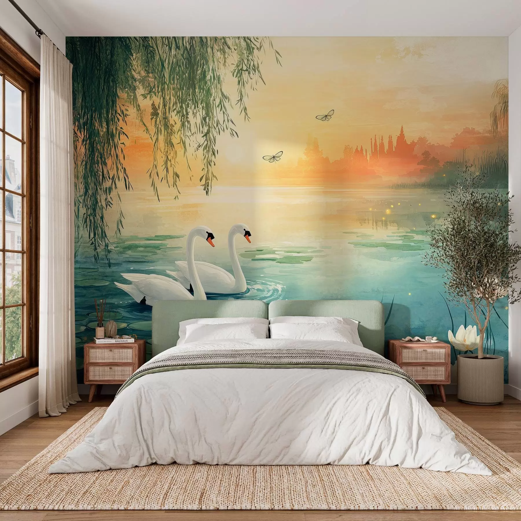 Fotobehang Romantisch landschap in de stijl van olieverfschilderij met twee witte zwanen op het meer w03017