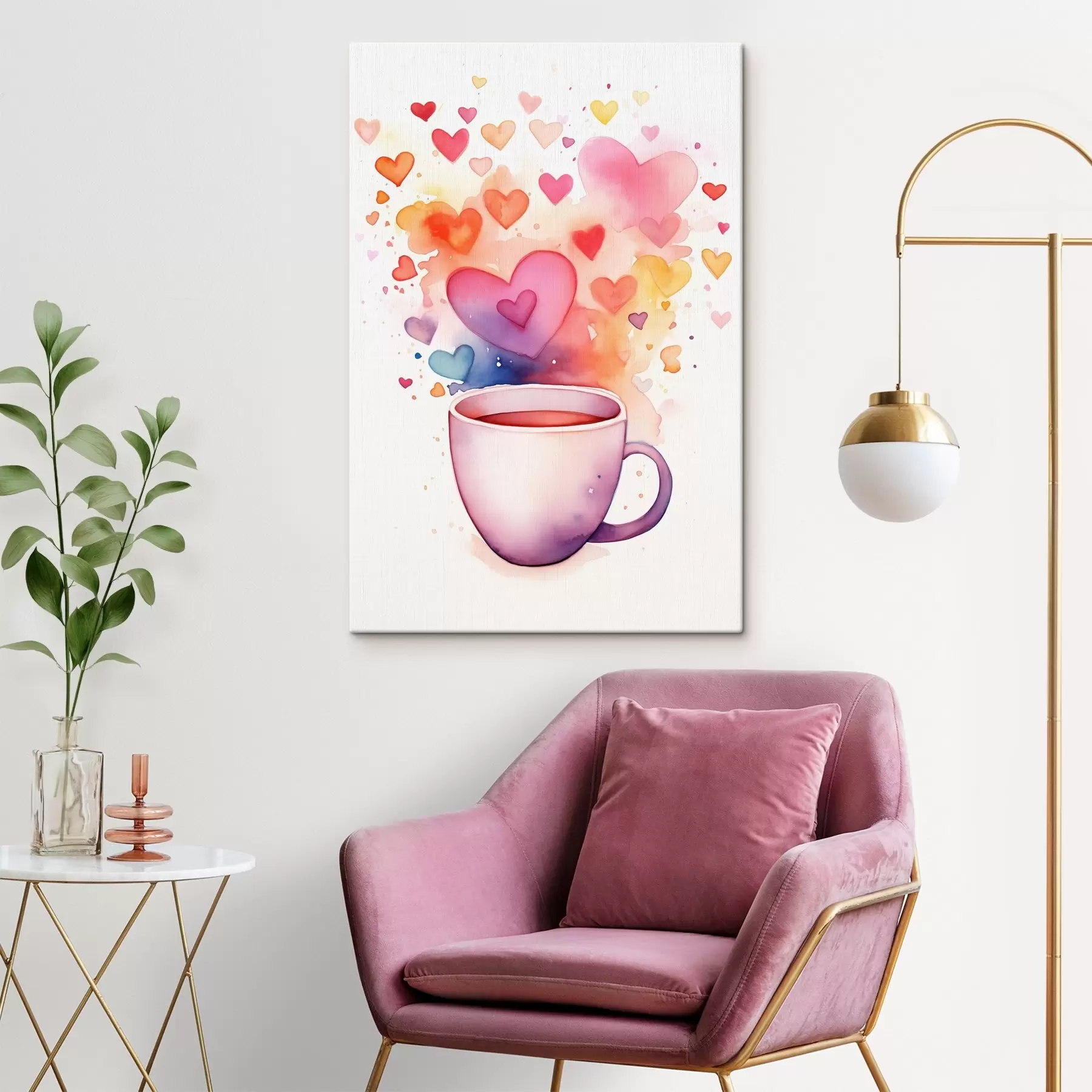  Schilderijen Een kopje op een achtergrond van aquarel harten s42869