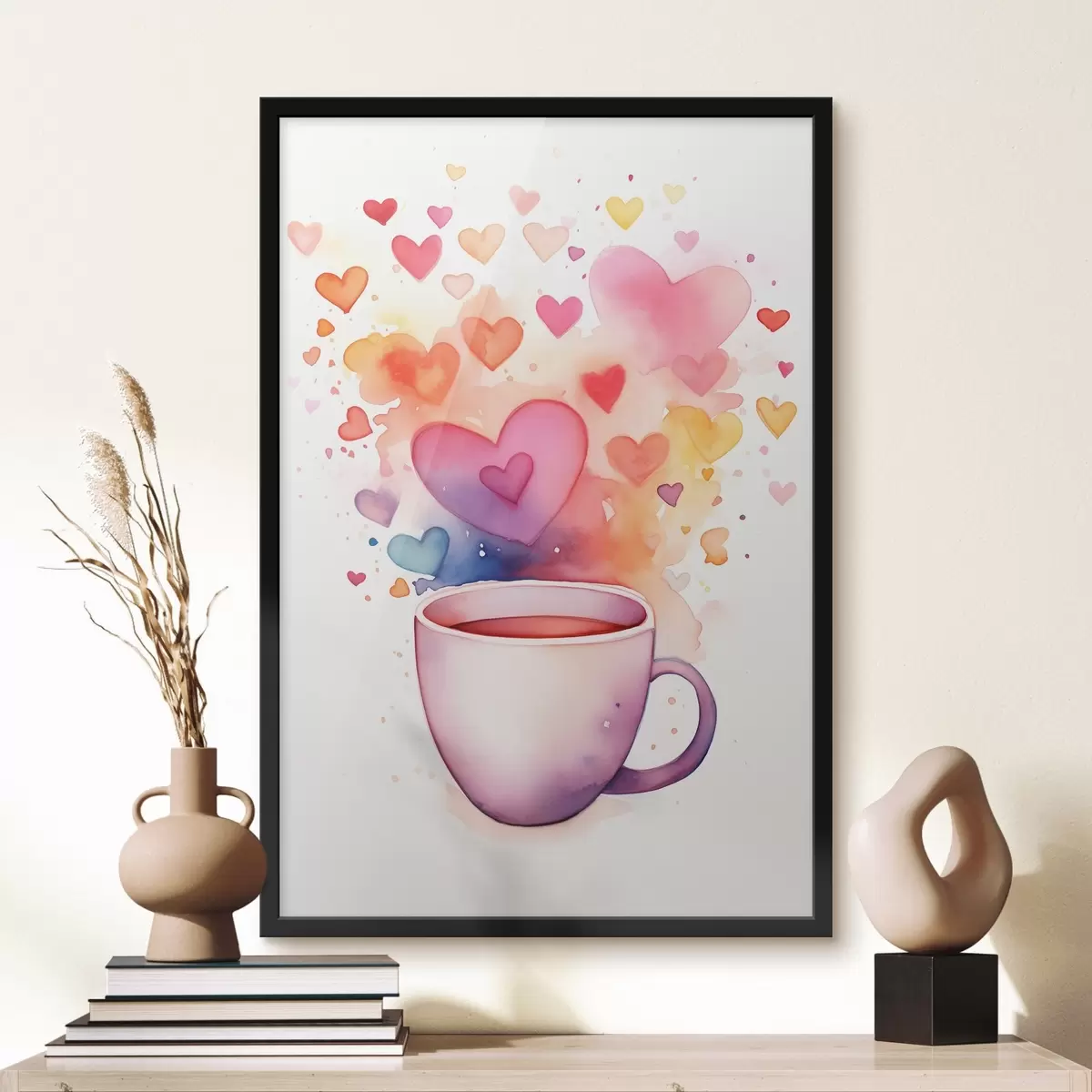 Affiche Une tasse sur fond d'aquarelle de cœurs f42869
