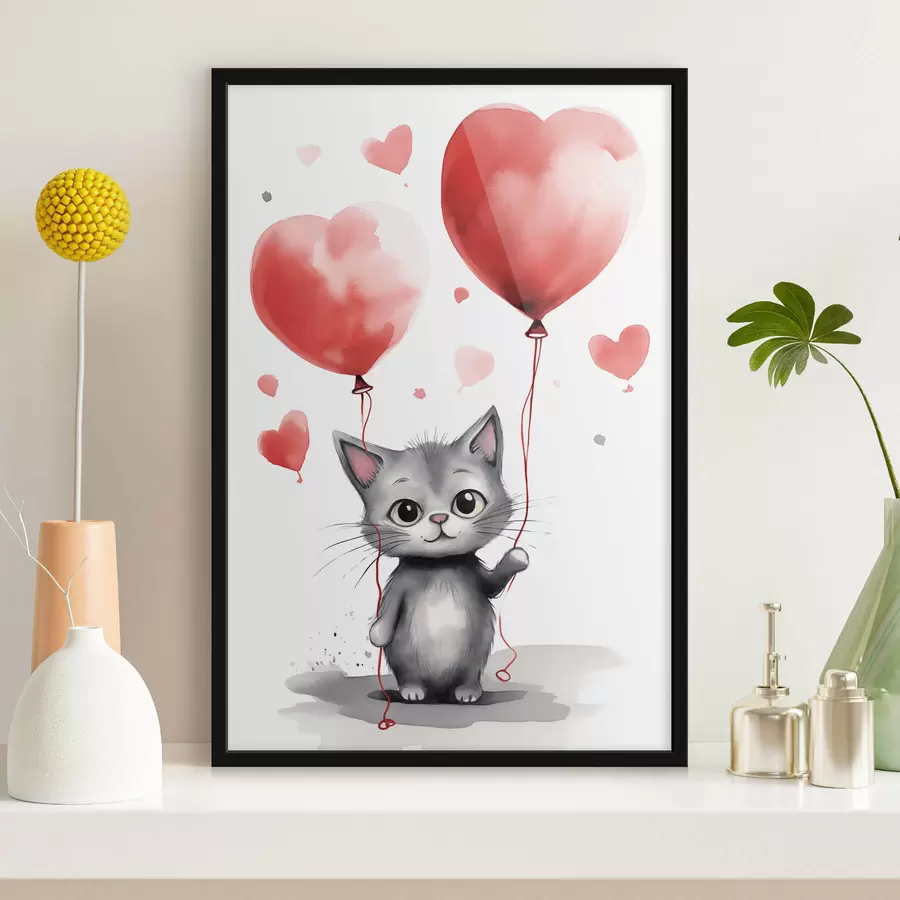 Papier peint photo Chaton mignon avec des ballons en forme de coeur f42871