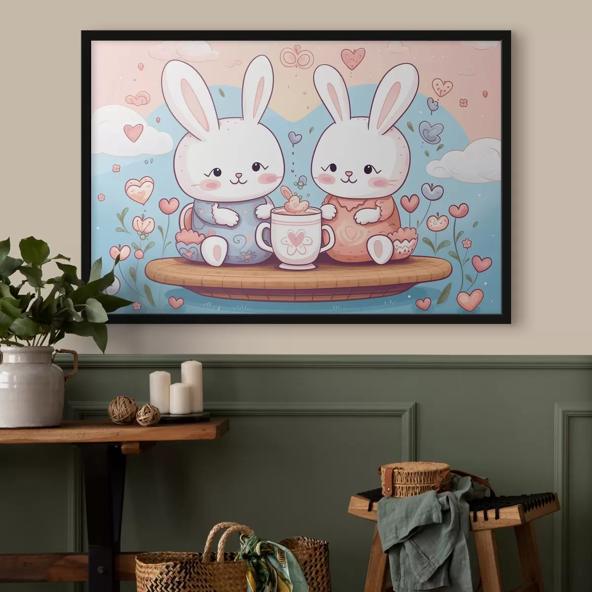 Poster Schattige konijntjes, theekransje f42873