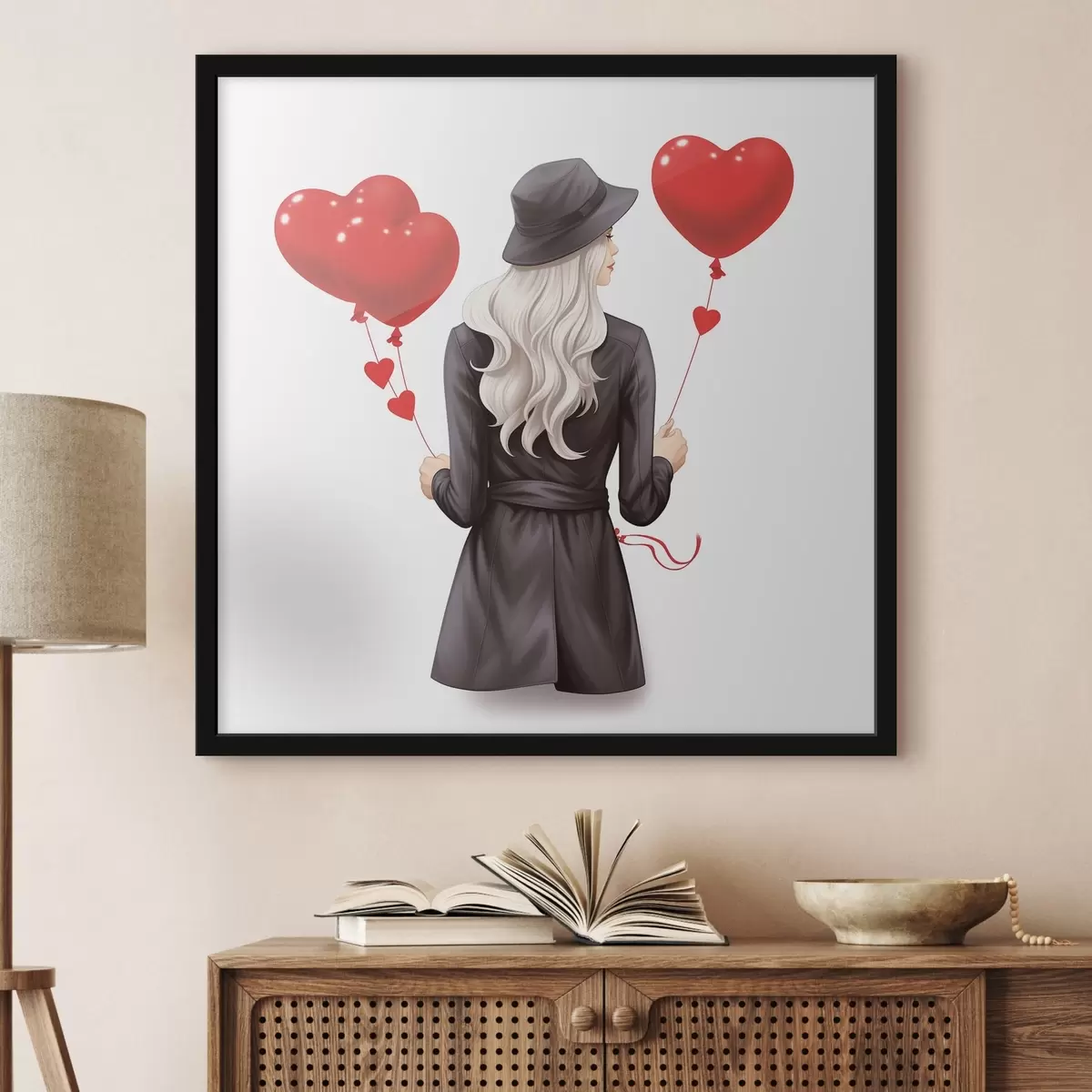 Poster Blondine met ballonnen f42875