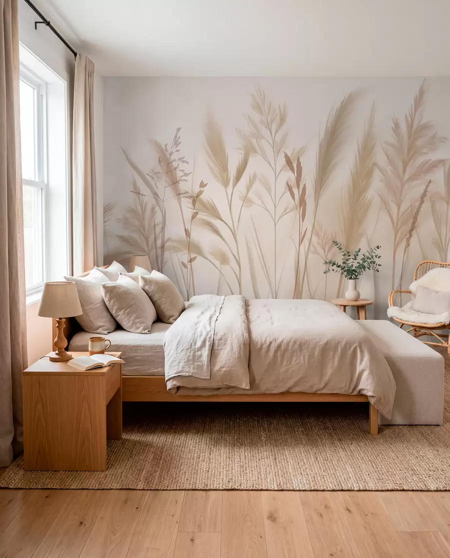 Papier peint photo Grandes herbes délicates, épillets et plantes dans des tons doux de beige et de crème, sur un fond légèrement flou w08736