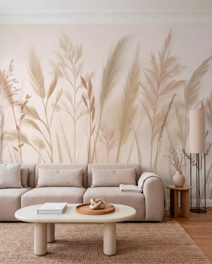 Fotobehang Hoge, delicate grassen, aartjes en planten in zachte beige en crèmetinten, tegen een lichte onscherpe achtergrond w08736