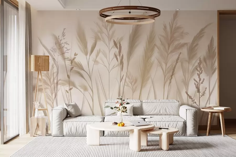 Fotobehang Hoge, delicate grassen, aartjes en planten in zachte beige en crèmetinten, tegen een lichte onscherpe achtergrond w08736