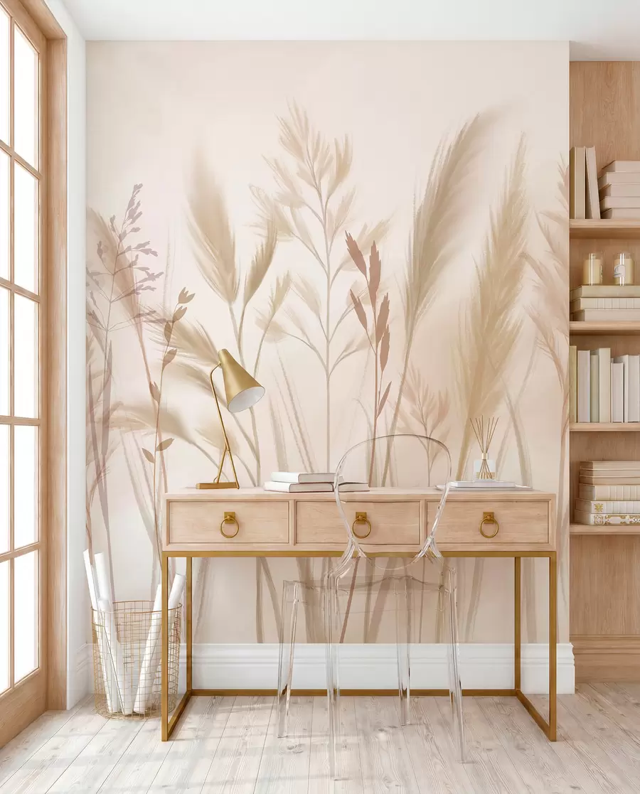 Fotobehang Hoge, delicate grassen, aartjes en planten in zachte beige en crèmetinten, tegen een lichte onscherpe achtergrond w08736