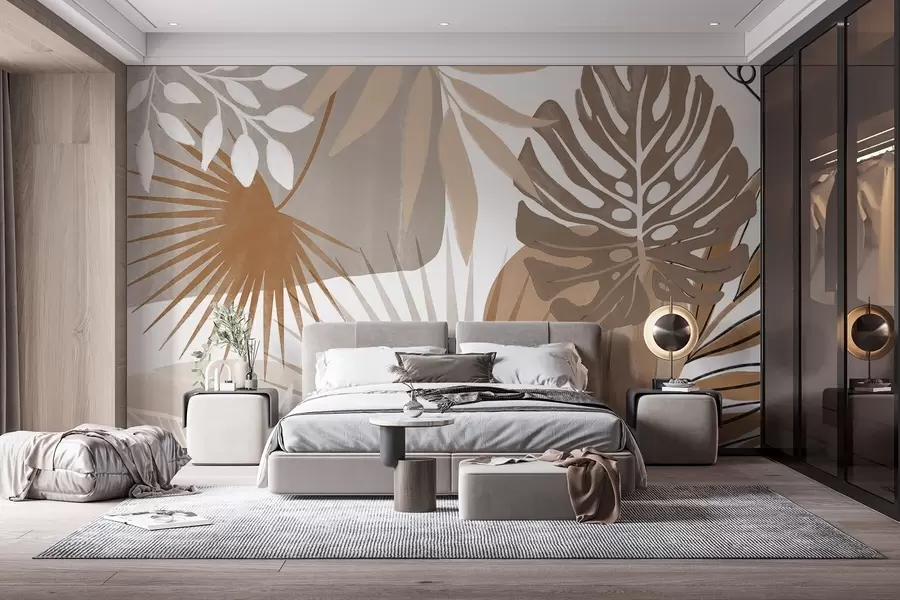 Fotobehang Abstract ontwerp met verschillende tropische bladeren in aardetinten bruin, beige en crème w08738