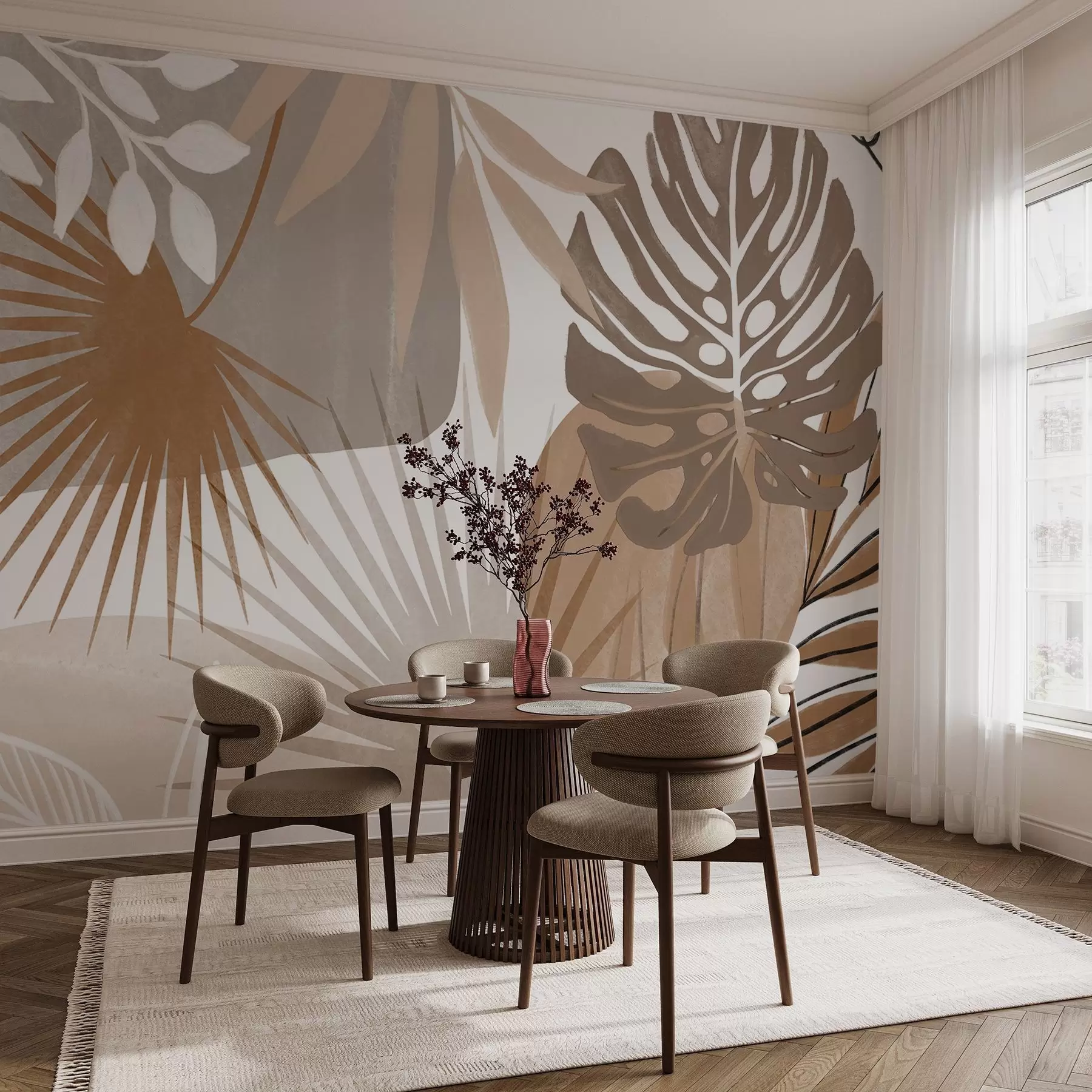 Fotobehang Abstract ontwerp met verschillende tropische bladeren in aardetinten bruin, beige en crème w08738