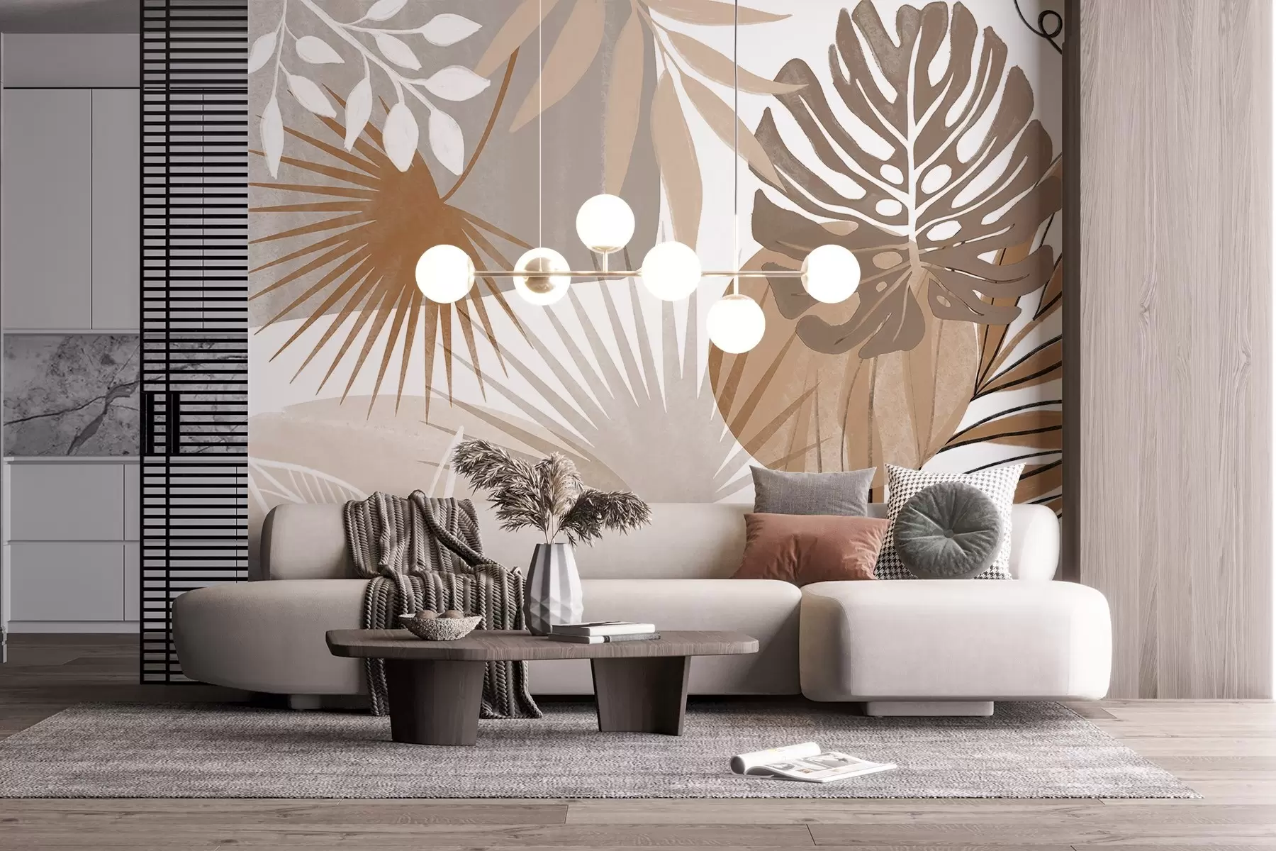 Fotobehang Abstract ontwerp met verschillende tropische bladeren in aardetinten bruin, beige en crème w08738