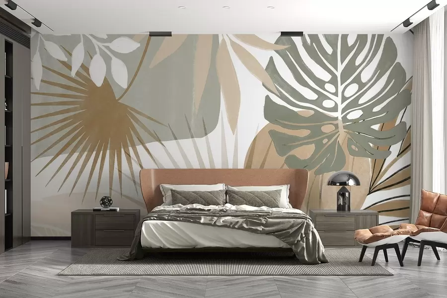 Fotobehang Abstract ontwerp met verschillende tropische bladeren in aardetinten van groen, beige en crème w08738v1