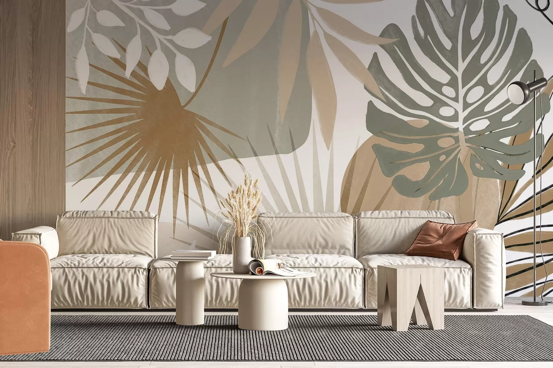 Fotobehang Abstract ontwerp met verschillende tropische bladeren in aardetinten van groen, beige en crème w08738v1