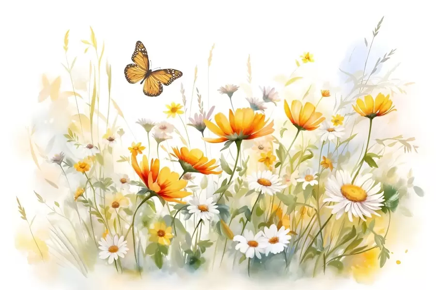 Papier peint photo Un champ de fleurs vibrant, semblable à une aquarelle, avec des fleurs orange et jaunes et un papillon au-dessus des fleurs w08739