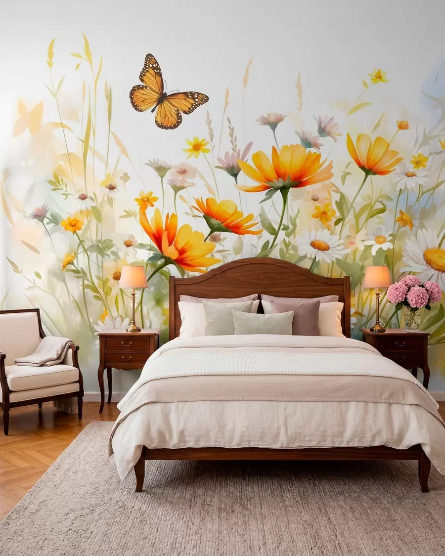 Papier peint photo Un champ de fleurs vibrant, semblable à une aquarelle, avec des fleurs orange et jaunes et un papillon au-dessus des fleurs w08739
