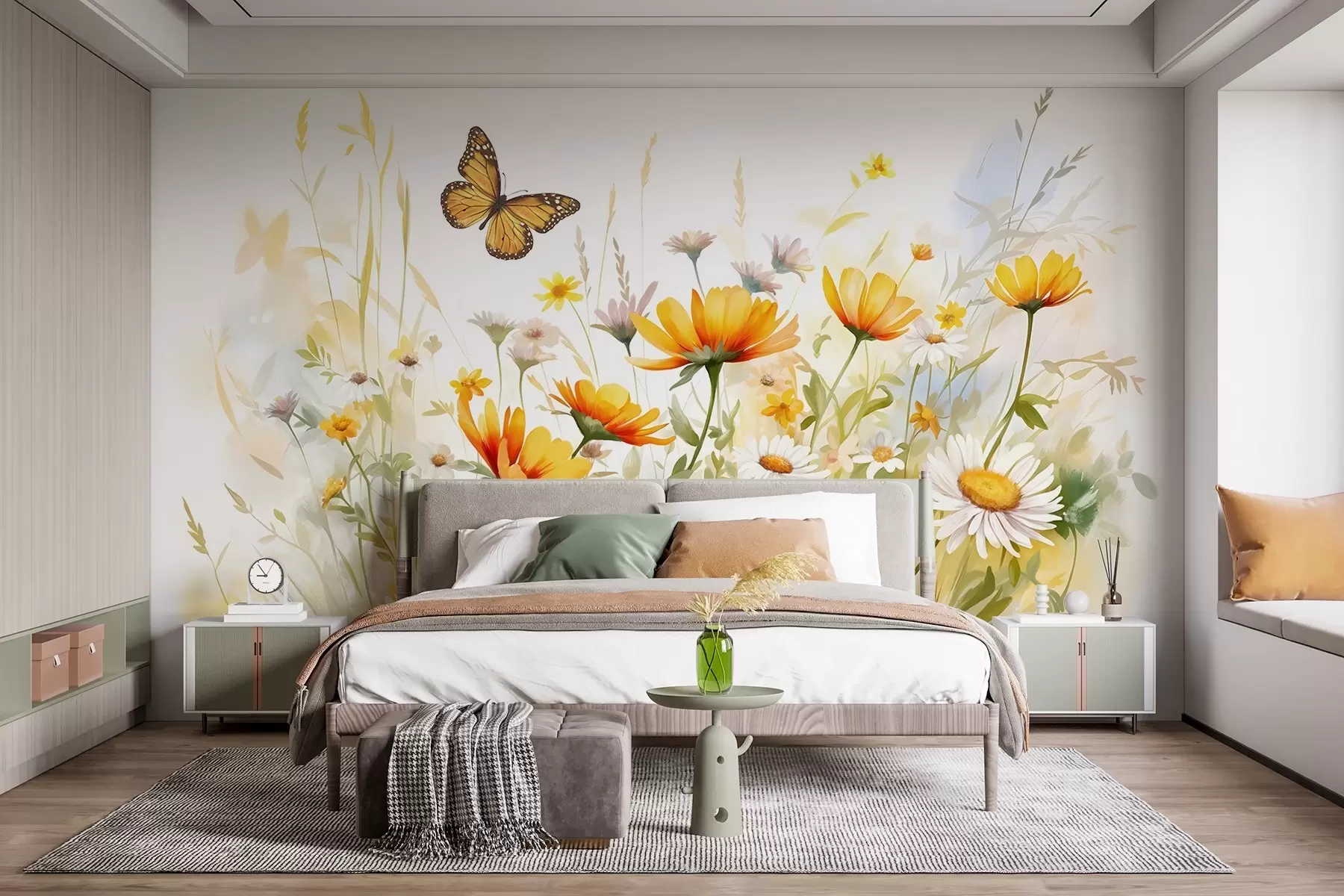 Fotobehang Een levendig aquarelachtig bloemenveld met oranje en gele bloemen met een vlinder boven de bloemen w08739