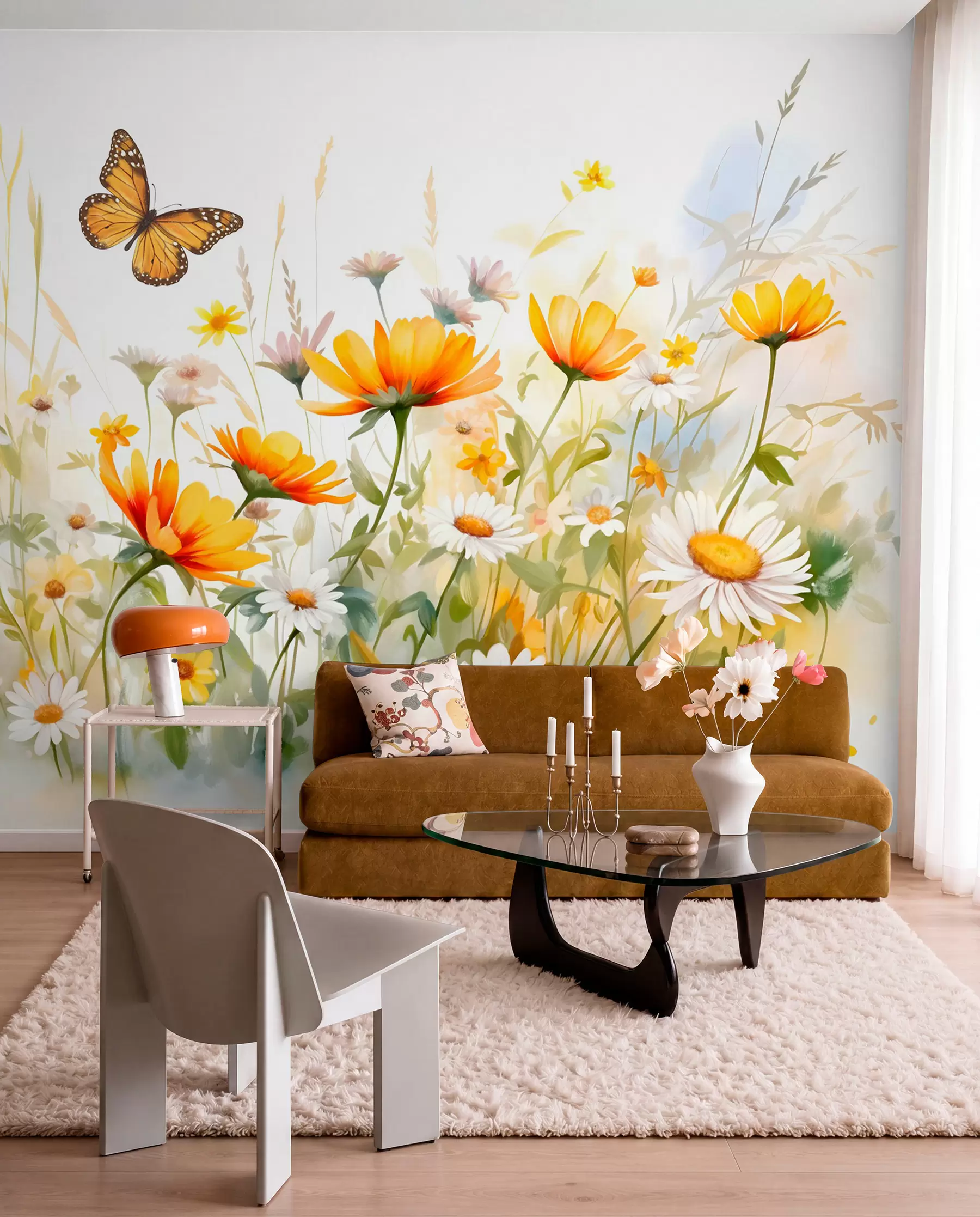 Fotobehang Een levendig aquarelachtig bloemenveld met oranje en gele bloemen met een vlinder boven de bloemen w08739