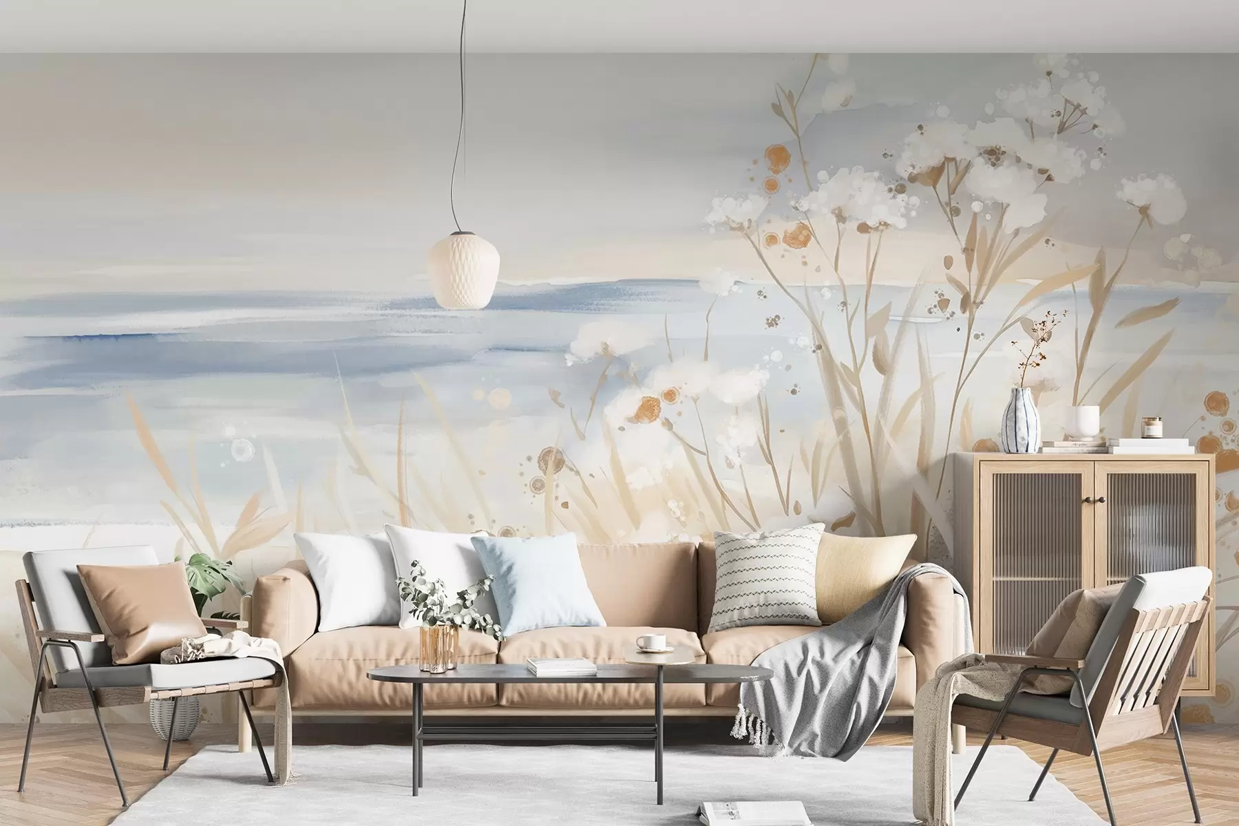 Papier peint photo Fleurs abstraites blanches aux tiges délicates dans une herbe, sur un fond doux et atténué de mer et de ciel calmes w08740