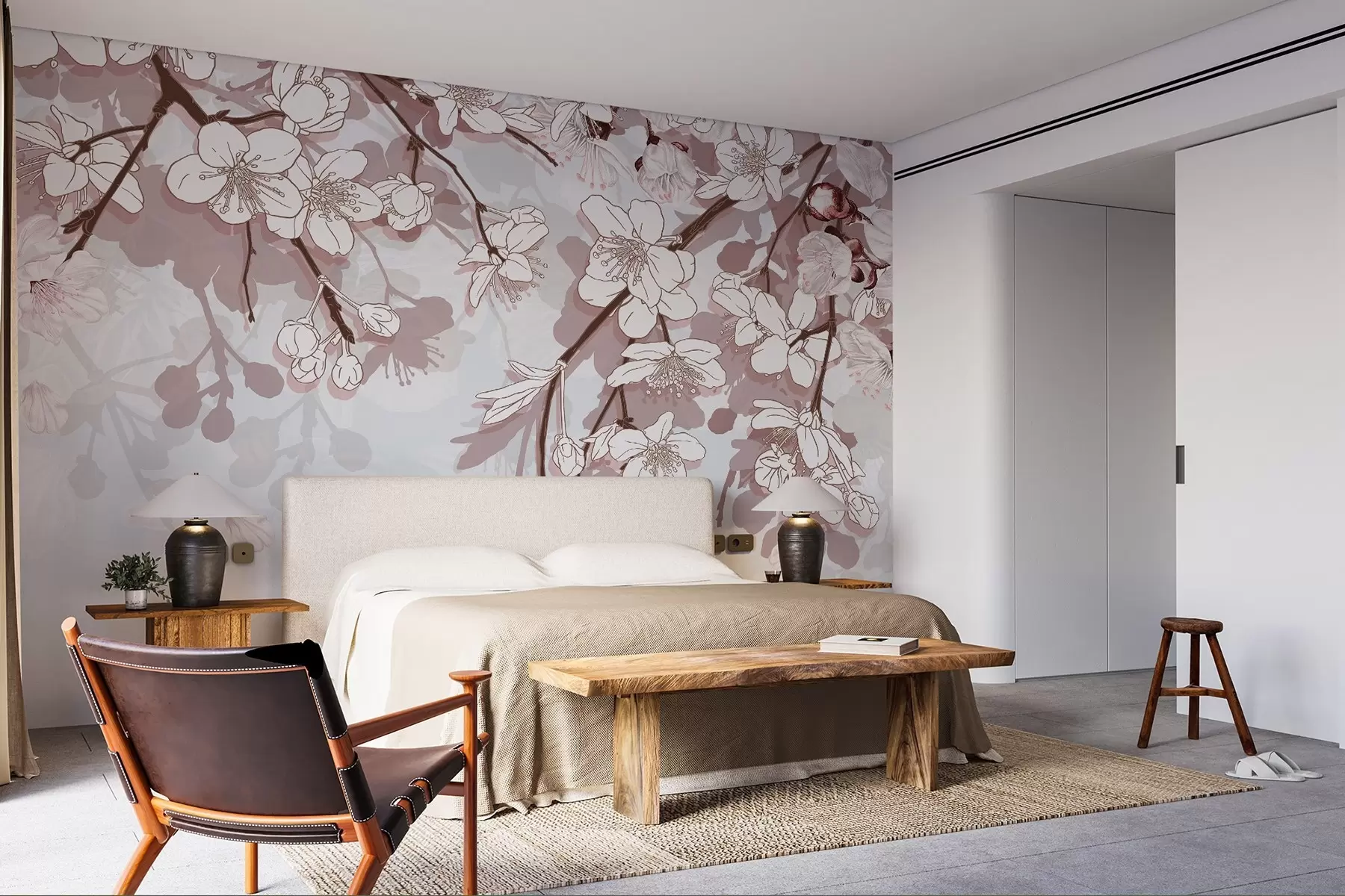Fotobehang Takken kersenbloesem met delicate witte bloemen en roze accenten tegen een lichtblauwe achtergrond w08743