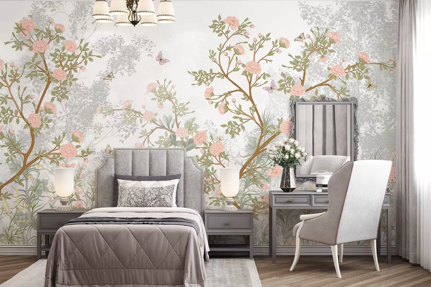 Fotobehang Delicaat roze bloeiende bomen, vliegende vlinders en groene bladeren verstrengeld met slanke takken w08744