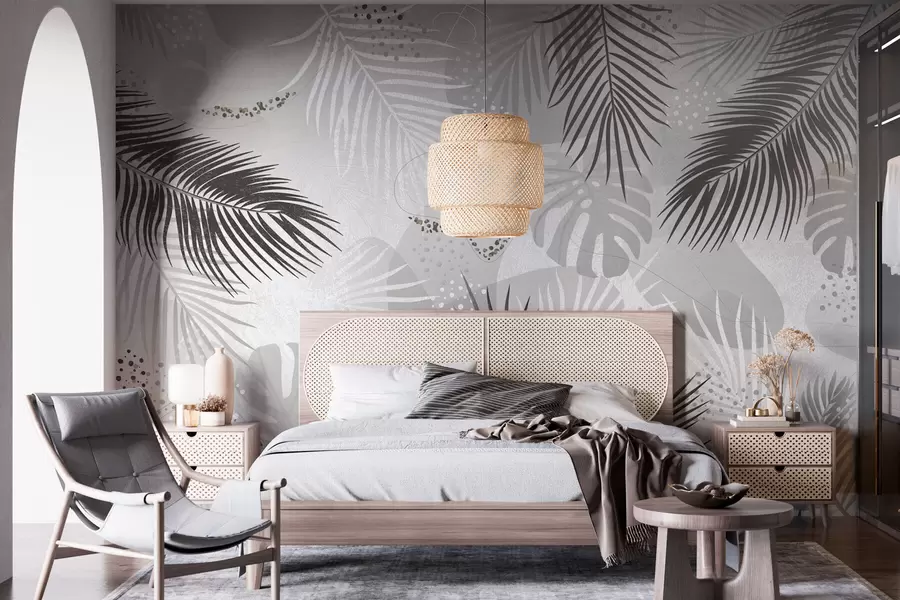 Papier peint photo Tendance abstraite de feuilles et de lignes tropicales w03060v2