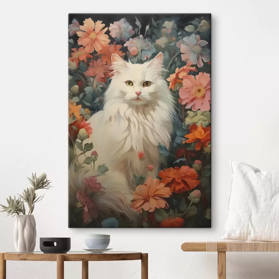  Peintures Chat blanc dans les fleurs s42905