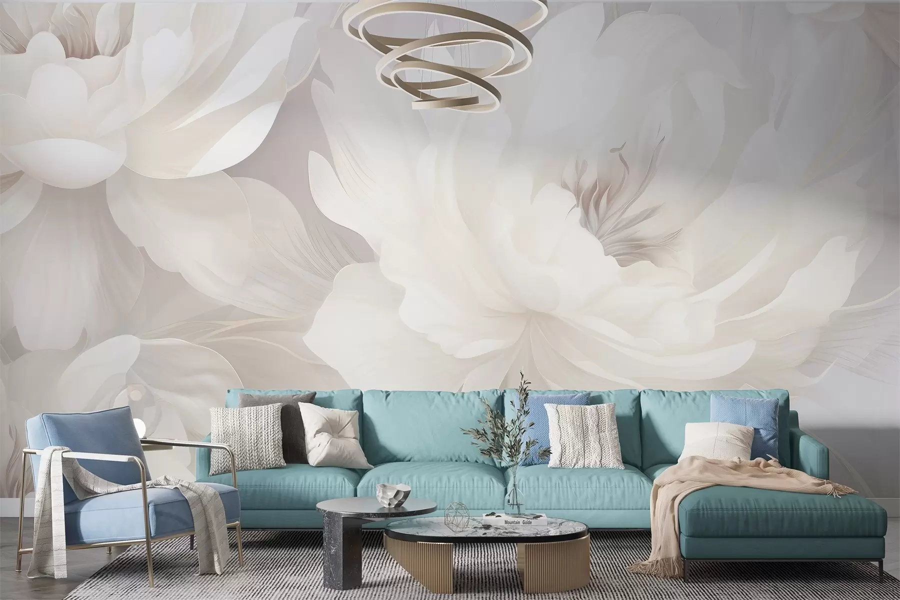 Fotobehang Delicate volumineuze bloemen in zachte roomwitte tinten op een zachte achtergrond w03045