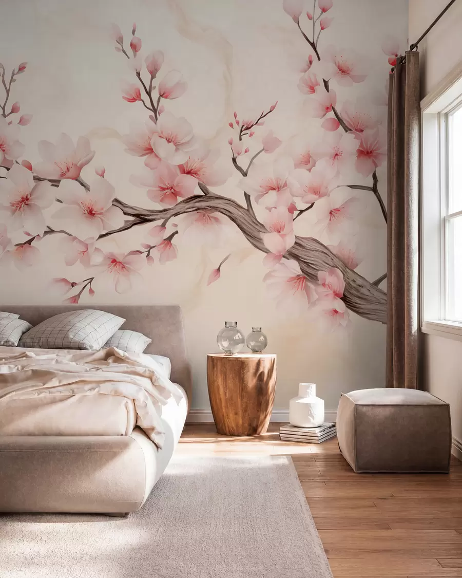 Papier peint photo Branche de cerisier délicate avec des fleurs rose tendre sur un fond clair w03079