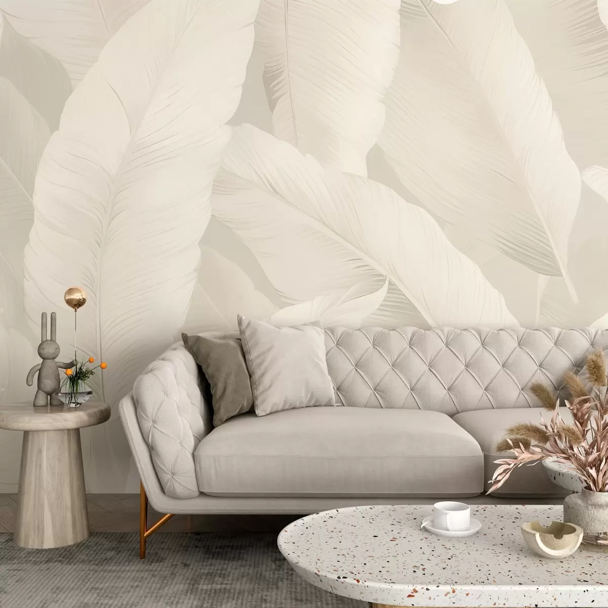 Fotobehang Elegante bananenbladeren in zachte crèmetinten, w03080