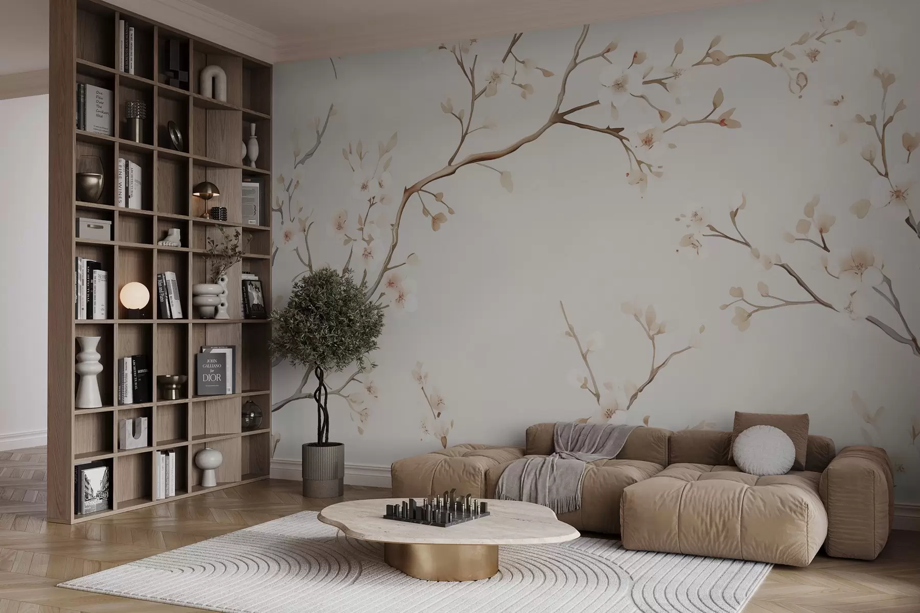 Fotobehang Delicate takken van bloeiende sakura met zachtroze bloemblaadjes op een lichte achtergrond w03081