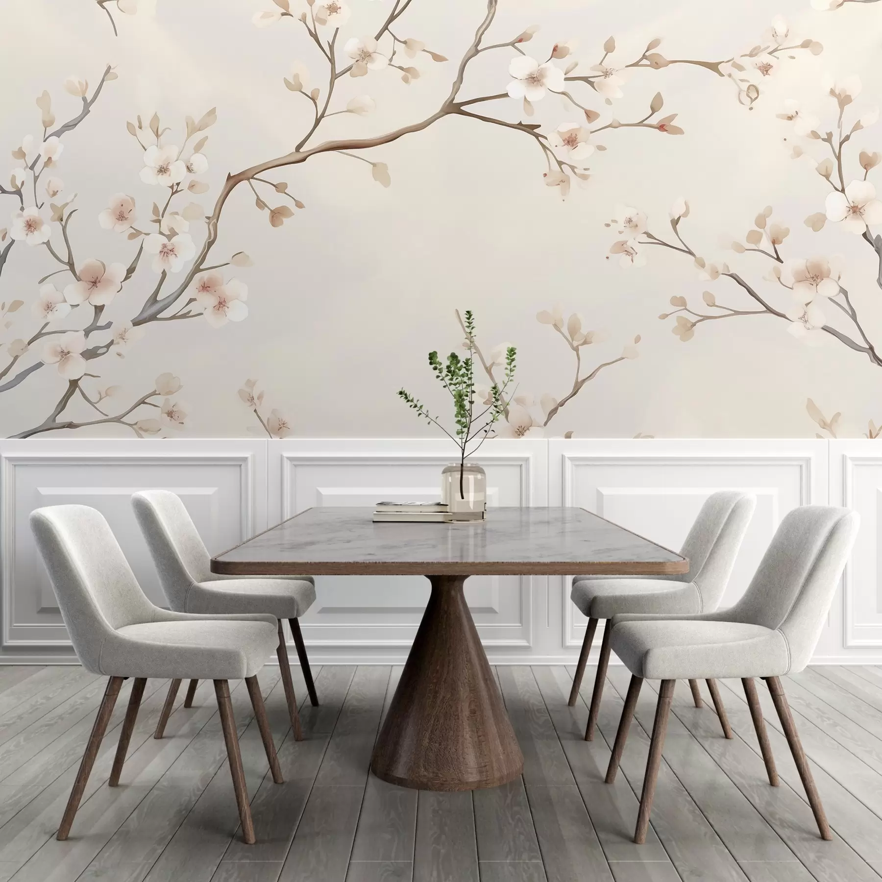 Fotobehang Delicate takken van bloeiende sakura met zachtroze bloemblaadjes op een lichte achtergrond w03081