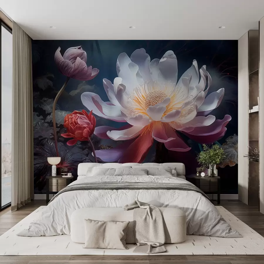 Papier peint photo Des fleurs fantastiques s'épanouissent dans une atmosphère sombre et féerique w08747