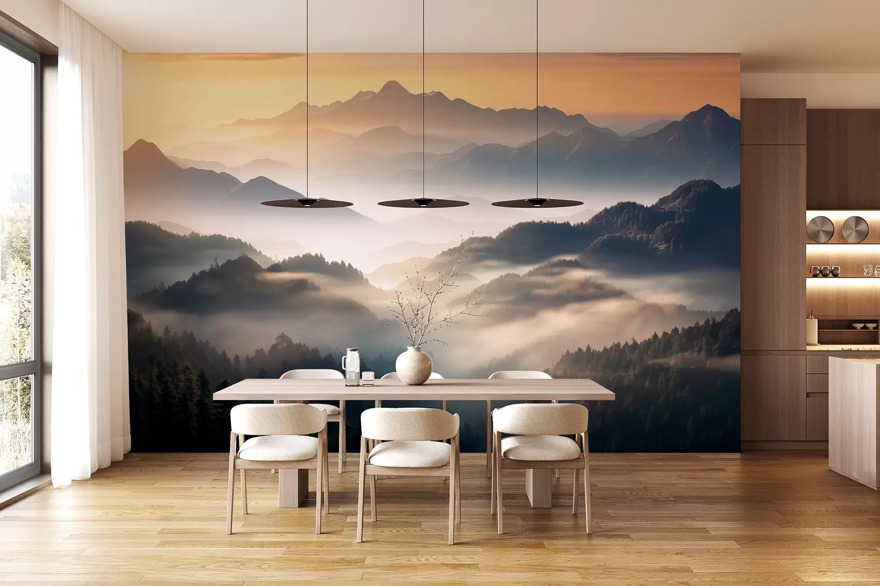 Fotobehang Sereen berglandschap bij zonsopgang, met zachte mist die de dennenbomen omhult w08748