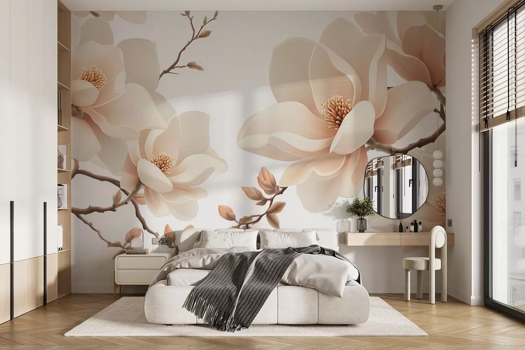 Fotobehang Crèmekleurige magnoliatakken op een witte achtergrond w08755