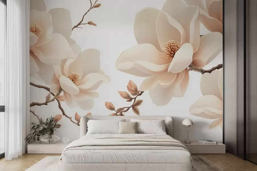 Papier peint photo Branches de magnolia de couleur crème sur fond blanc w08755
