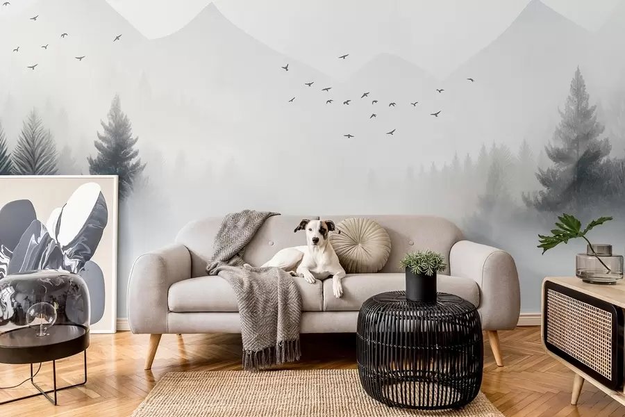 Fotobehang Sereen winterbos op een berghelling in witte en lichtgrijze tinten w08756