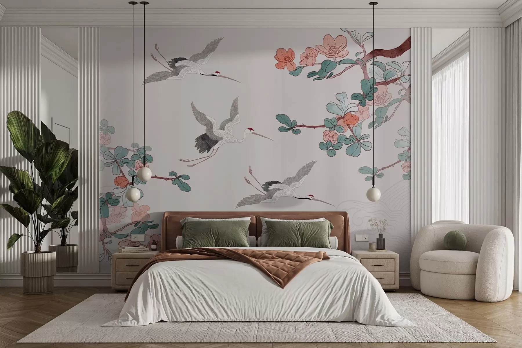 Papier peint photo Branches avec fleurs et grues dans le style japonais w03103