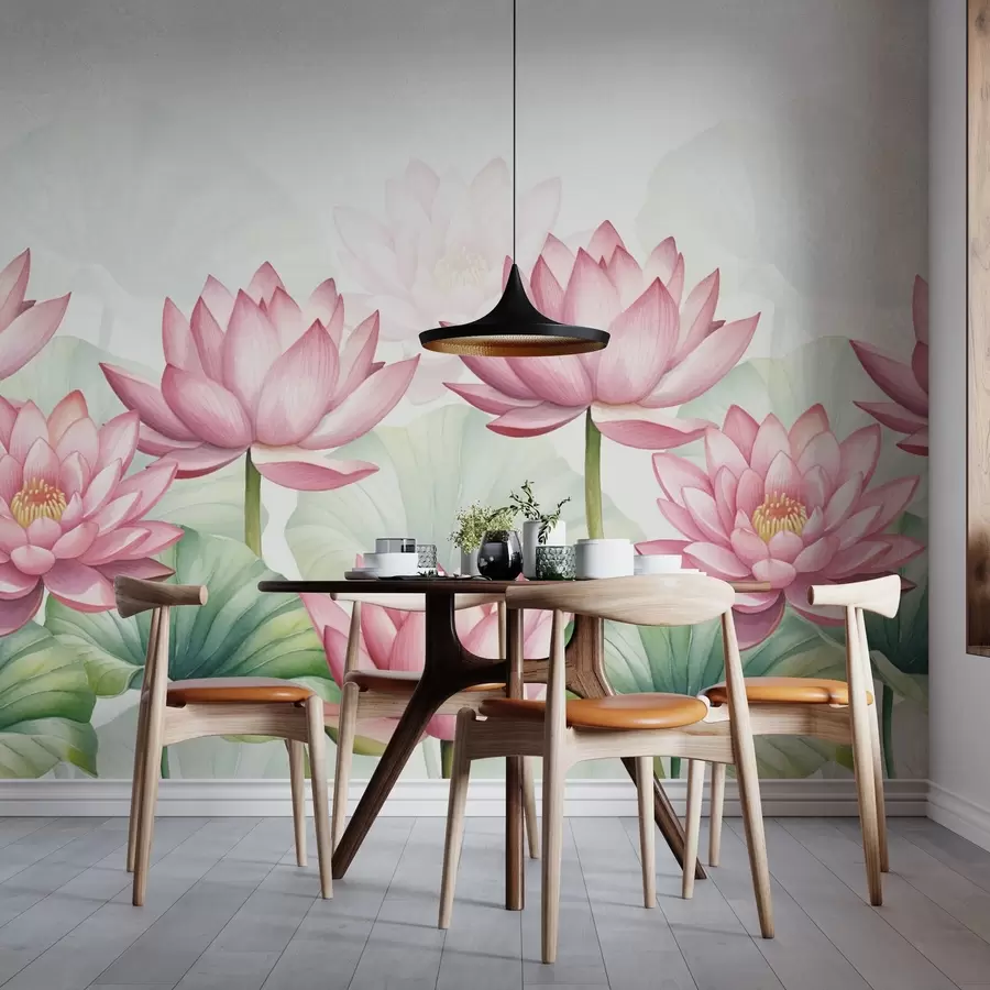 Fotobehang Grote roze lotussen en bladeren w03107v1