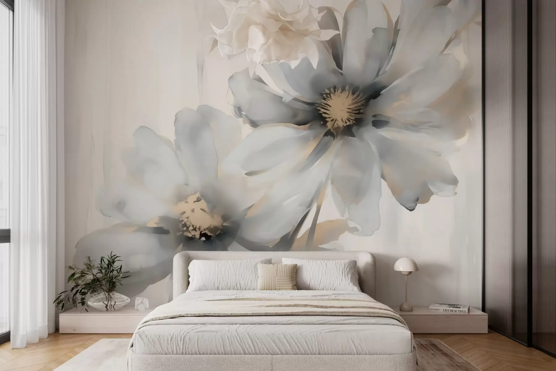 Fotobehang Grote bloemen imitatie van vage aquarel w03073
