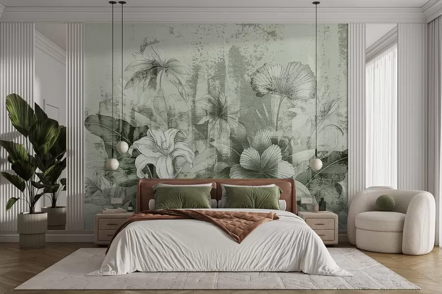 Fotobehang Vintage ontwerp met exotische bloemen en planten w08767v3