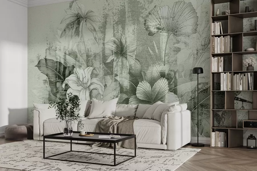 Fotobehang Vintage ontwerp met exotische bloemen en planten w08767v3