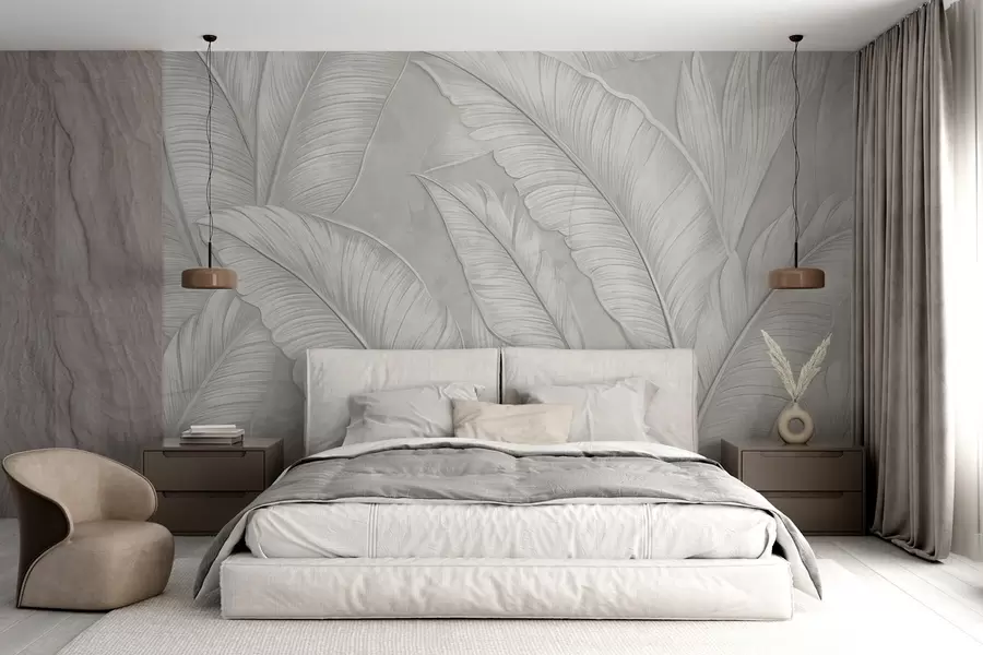 Fotobehang Gedetailleerde grote tropische bladeren in een monochrome lichtgrijze kleur in loftstijl met een hoge textuur w08772