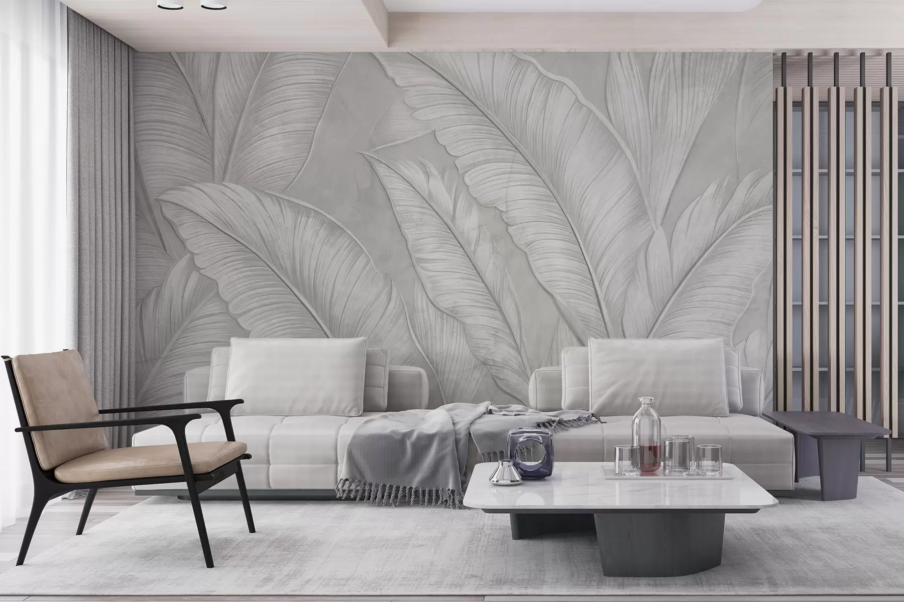 Fotobehang Gedetailleerde grote tropische bladeren in een monochrome lichtgrijze kleur in loftstijl met een hoge textuur w08772