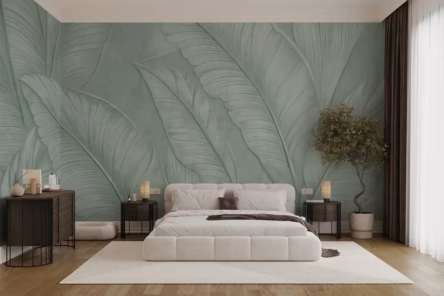 Papier peint photo Grandes feuilles tropicales détaillées et hautement texturées dans une couleur verte monochromatique de style loft w08772v1
