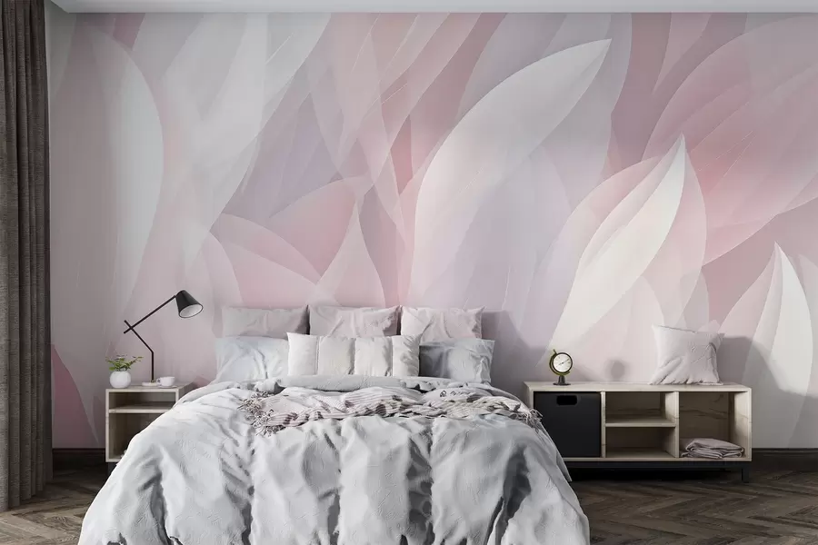 Fotobehang Abstract ontwerp met zachte bloembladachtige vormen in roze en witte tinten, waardoor een gelaagd effect ontstaat w08774