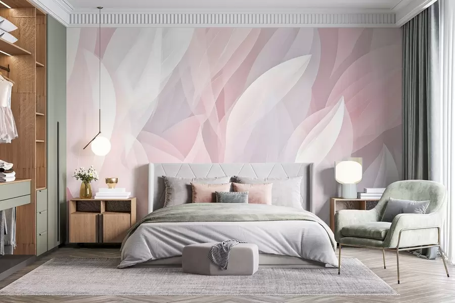 Papier peint photo Motif abstrait présentant des formes douces en forme de pétales dans des tons de rose et de blanc, créant un effet de superposition w08774