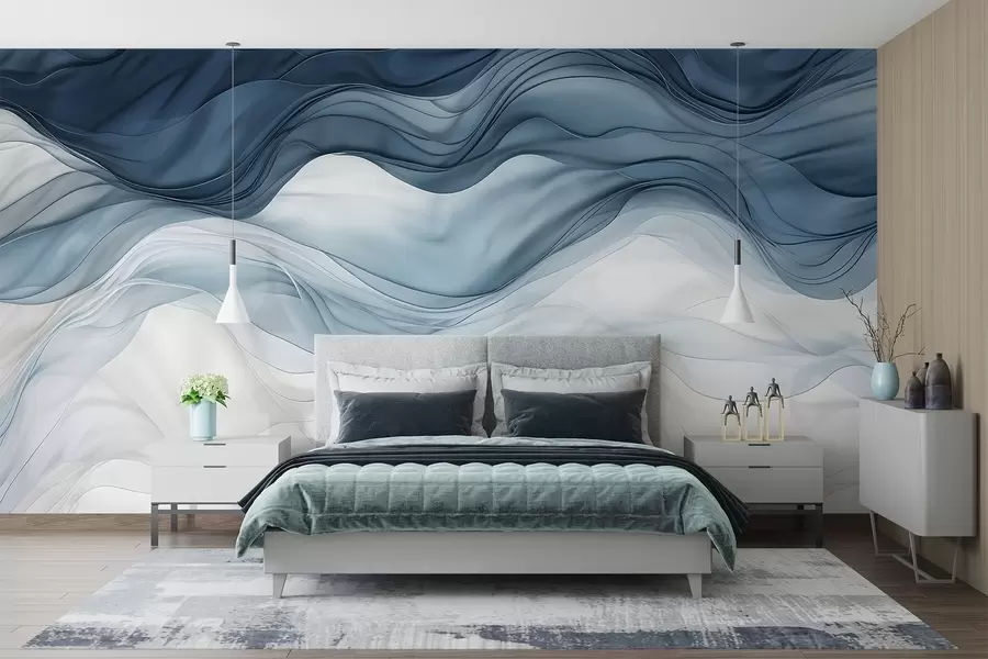 Fotobehang Vloeiende golven van doorschijnende texturen in donkerblauw, lichtblauw en wit op een lichte achtergrond w08775