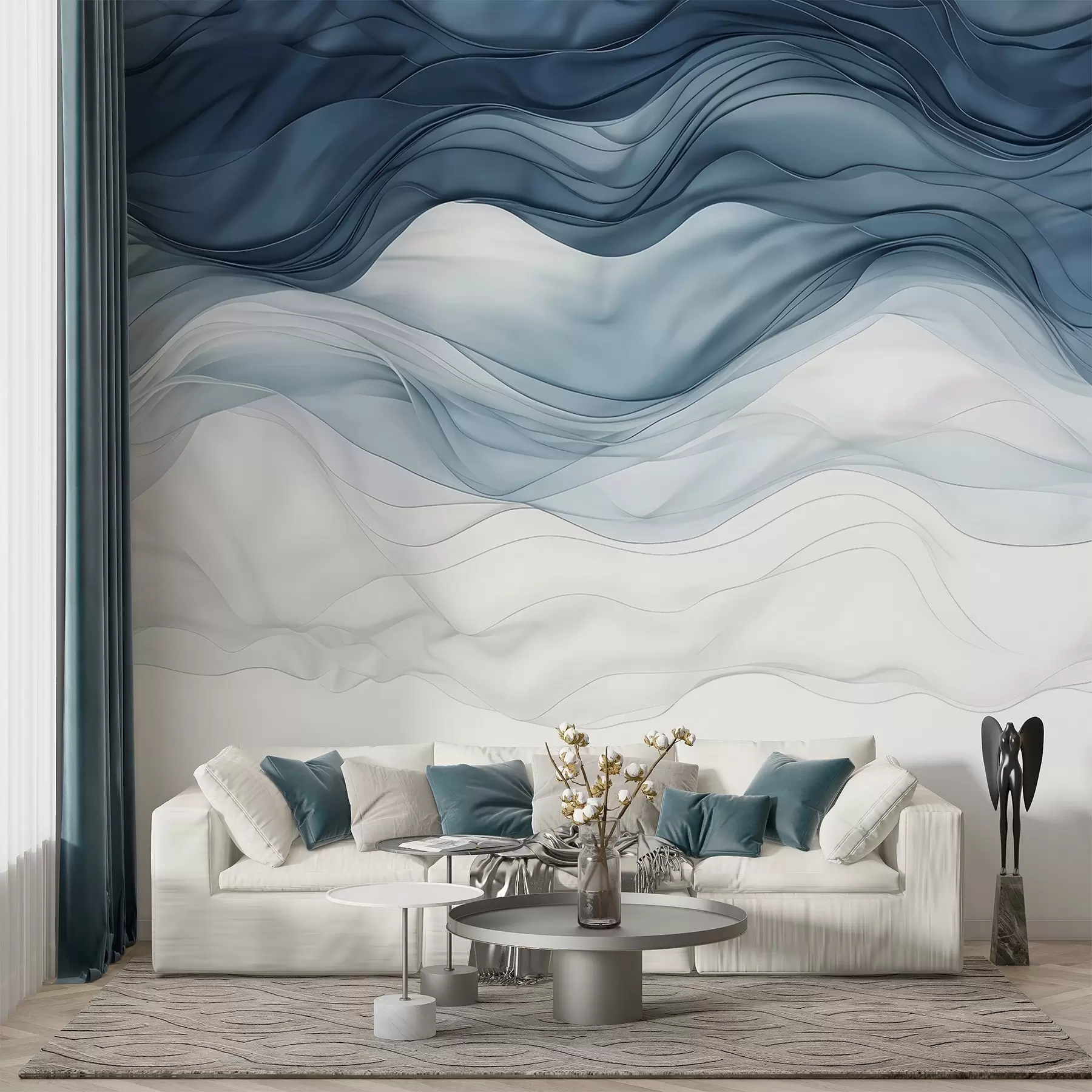 Fotobehang Vloeiende golven van doorschijnende texturen in donkerblauw, lichtblauw en wit op een lichte achtergrond w08775