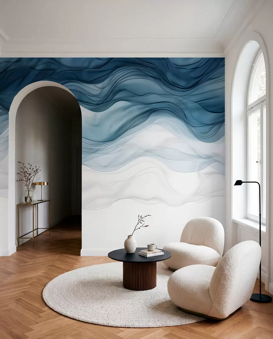 Fotobehang Vloeiende golven van doorschijnende texturen in donkerblauw, lichtblauw en wit op een lichte achtergrond w08775
